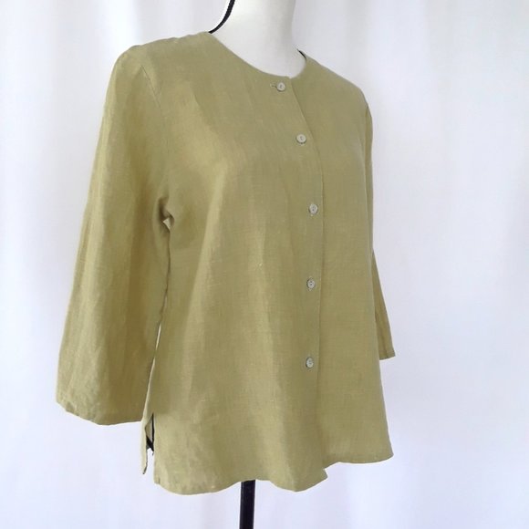 Vintage 1990s Avocado Green Linen 3/4 Sleeve Blouse - Picture 3 of 12